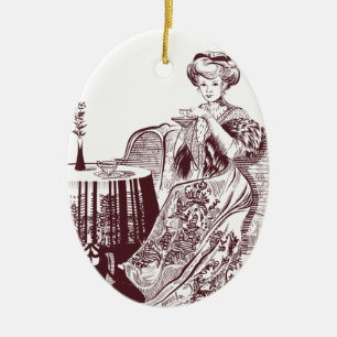 lady drinks tea ceramic tree decoration