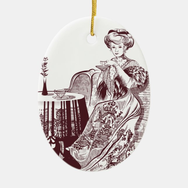 lady drinks tea ceramic tree decoration (Front)