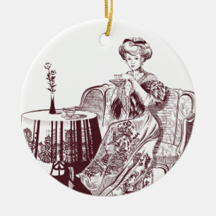 lady drinks tea ceramic tree decoration