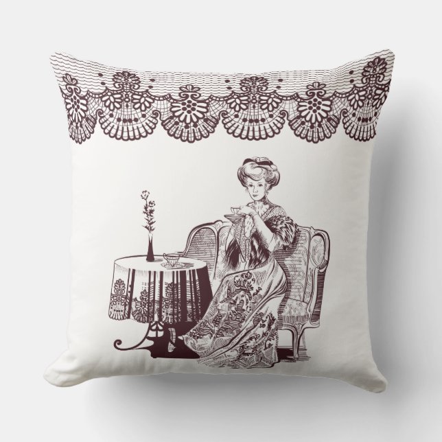 lady drinks tea cushion (Front)