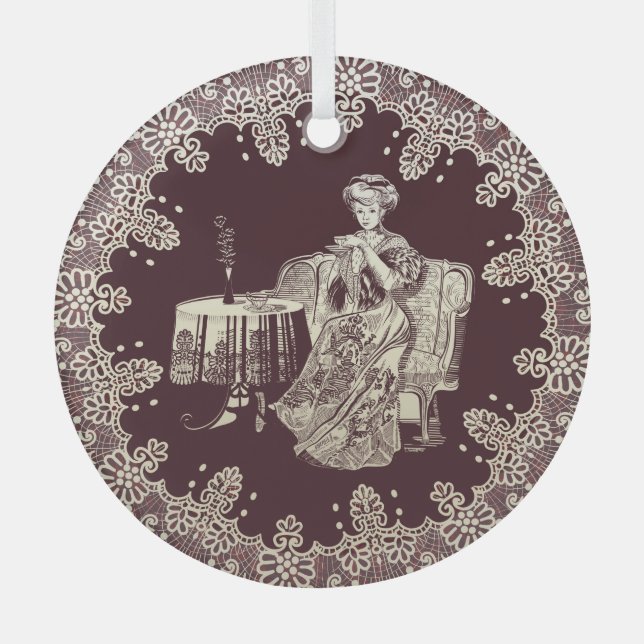 Lady drinks tea  glass tree decoration (Front)
