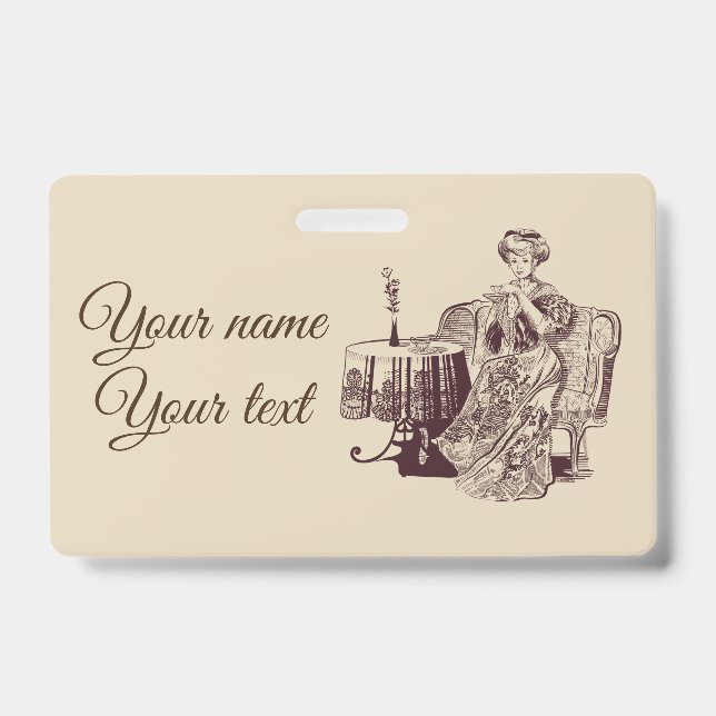 lady drinks tea ID badge (Front)