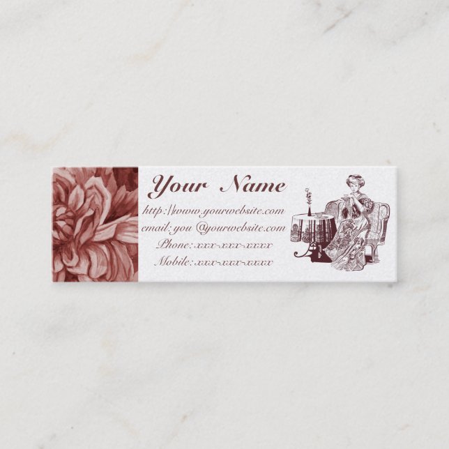 lady drinks tea mini business card (Front)