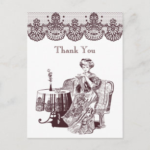 lady drinks tea postcard