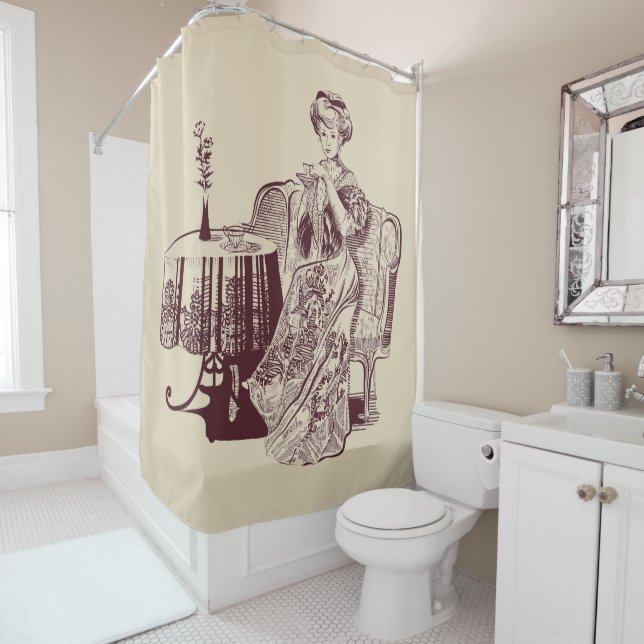 lady drinks tea shower curtain (In Situ)