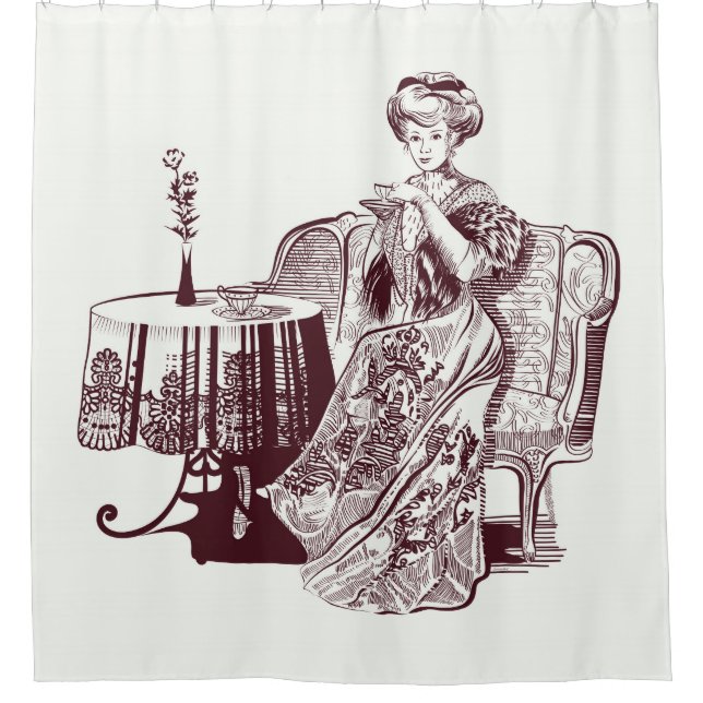 lady drinks tea shower curtain (Front)
