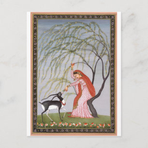 LADY FEEDING ANTELOPE ANCIENT INDIA ART POSTCARD
