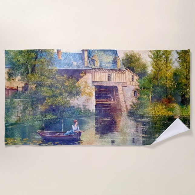 Lady Fishing on Lake Beach Towel (Front)
