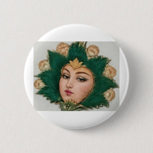 Lady Flower Emerald & Gold   Persian Carpet Art 6 Cm Round Badge