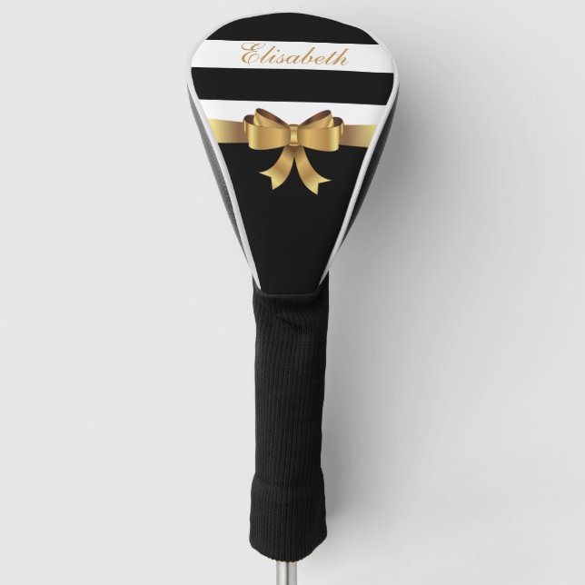 Lady Golf Golden Bow Black Bold Stripes Monogram Head Cover (Front)
