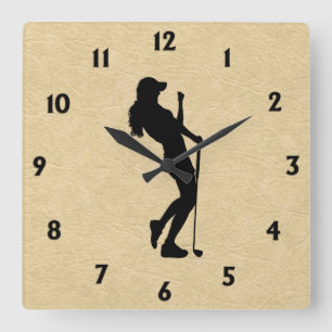 Lady Golf Sports Design Leather Look Square Wall Clock