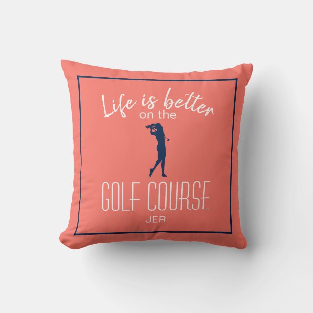 Lady Golfer Coral Golf Course Monogrammed For Her Cushion (Front)