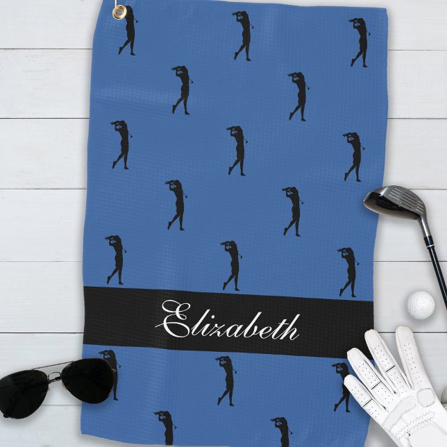 Lady Golfer Customised Name Pattern Blue Black Golf Towel (Creator Uploaded)