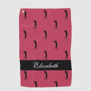 Lady Golfer Customised Name Pattern Magenta Black Golf Towel