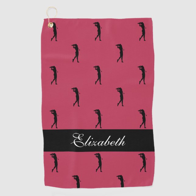 Lady Golfer Customised Name Pattern Magenta Black Golf Towel (Front)