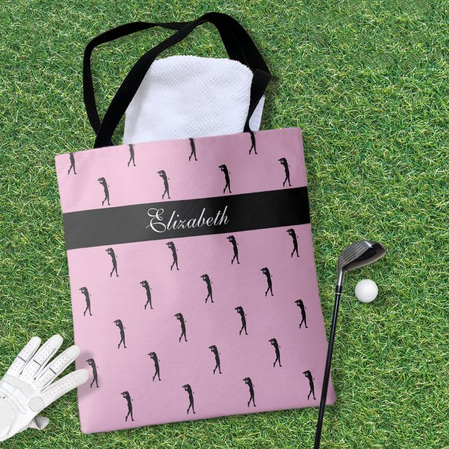 Lady Golfer Customised Name Pattern Pink Black Tote Bag (Lady Golfer Customized Name Pattern Pink Black Tote Bag)