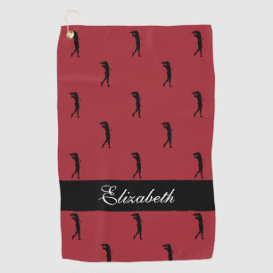 Lady Golfer Customised Name Pattern Red Black Golf Towel