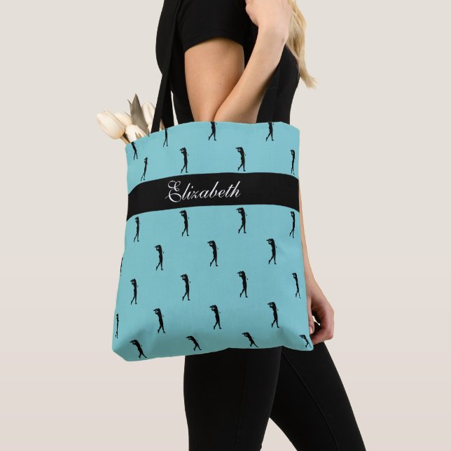 Lady Golfer Customised Name Pattern Teal Black Tote Bag (Close Up)