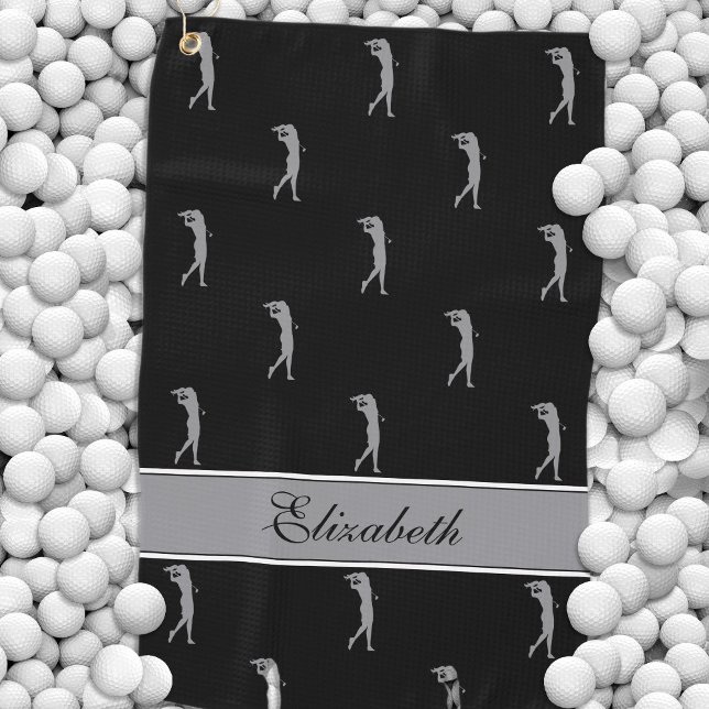 Lady Golfer Cutomized Name Pattern Chic Black Grey Golf Towel (Lady Golfer Cutomized Name Pattern Chic Black Gray Golf Towel)