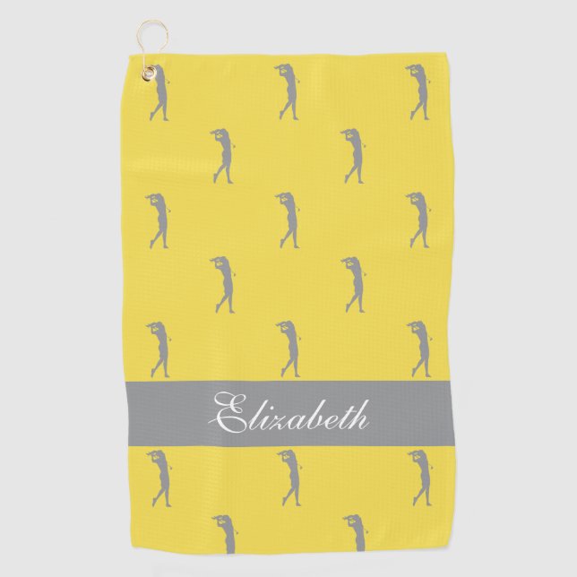 Lady Golfer Cutomized Name Pattern Yellow Grey Golf Towel (Front)