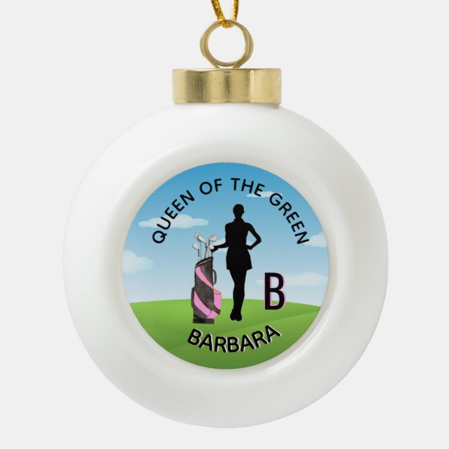 Lady Golfer Golf Course Custom Name 3-D Monogram Ceramic Ball Christmas Ornament (Front)