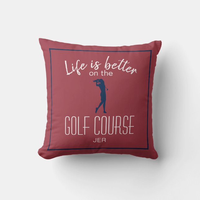 Lady Golfer Golf Course Quote Monogrammed Red Blue Cushion (Front)