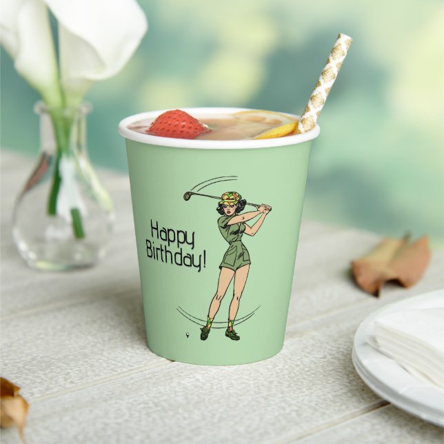 Lady Golfer Green Anytime Text Paper Cups (Insitu)