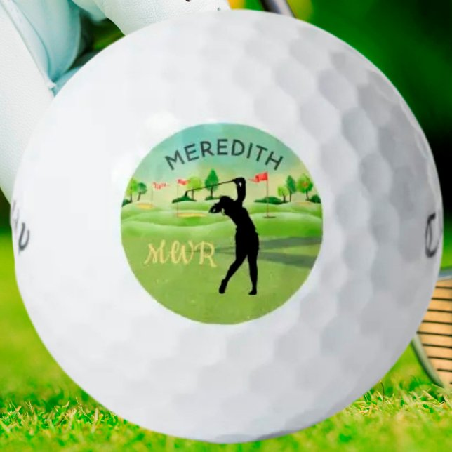 Lady Golfer Greens Monogram Name Golf Balls (Creator Uploaded)