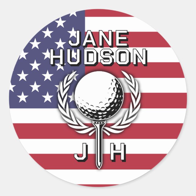Lady Golfer Patriotic Monogram Design Classic Round Sticker (Front)