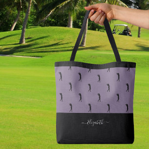Lady Golfer Personalised Name Pattern Purple Black Tote Bag