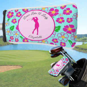 Lady Golfer Pink Aqua Preppy Custom Name Ladies Golf Head Cover