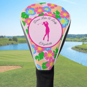 Lady Golfer Pink Floral Preppy Custom Name Ladies Golf Head Cover