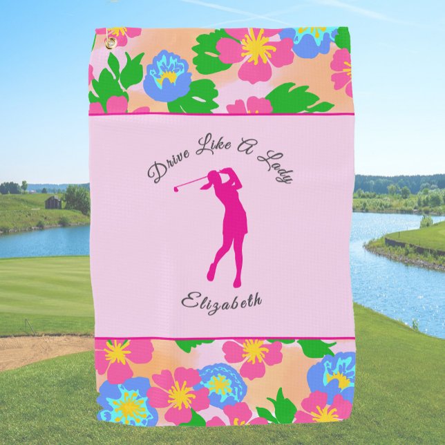 Lady Golfer Pink Floral Preppy Custom Name Ladies Golf Towel (Creator Uploaded)