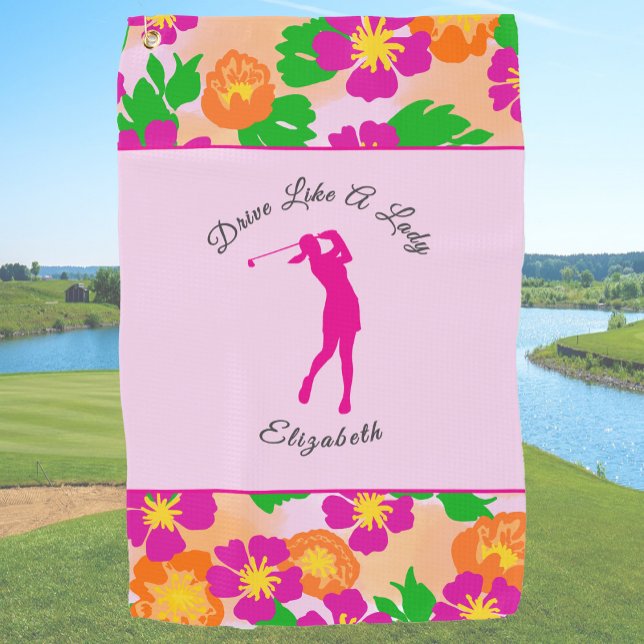 Lady Golfer Pink Floral Preppy Custom Name Ladies Golf Towel (Creator Uploaded)