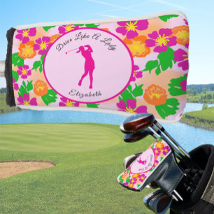 Lady Golfer Pink Orange Preppy Custom Name Ladies Golf Head Cover