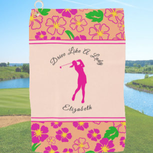 Lady Golfer Pink Orange Preppy Custom Name Ladies Golf Towel
