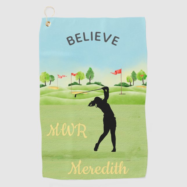 Lady Golfer Scenic Greens Putting Monogram Name  Golf Towel (Front)
