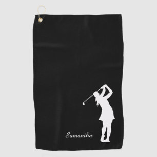 Lady Golfer Silhouette Black White Monogram Golf Towel
