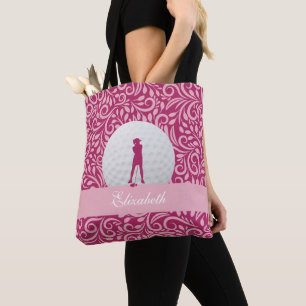Lady Golfer Silhouette Custom Name Pattern Pink Tote Bag