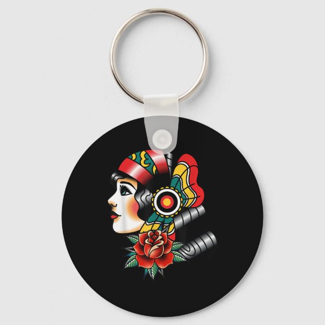 Lady Head American Traditional Tattoo Old School  Key Ring (Front)