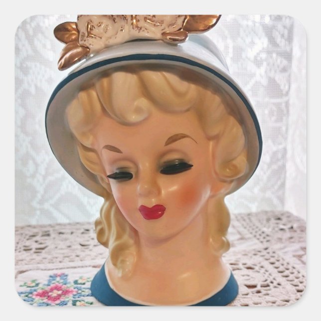 Lady Head Vase Blonde Teen Blue Hat Flower Square Sticker (Front)