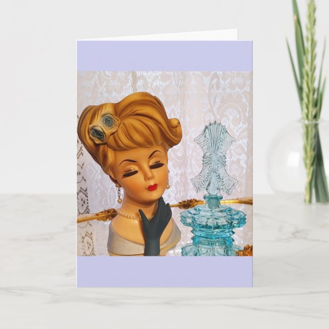Lady Head Vase Blue Roses Perfume Bottle Glam Card (Front)