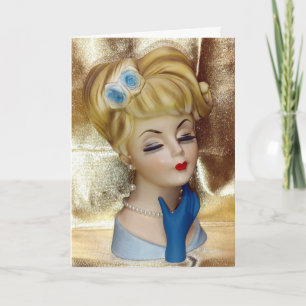 Lady Head Vase Hair Flower Blue Gloves Fancy Card