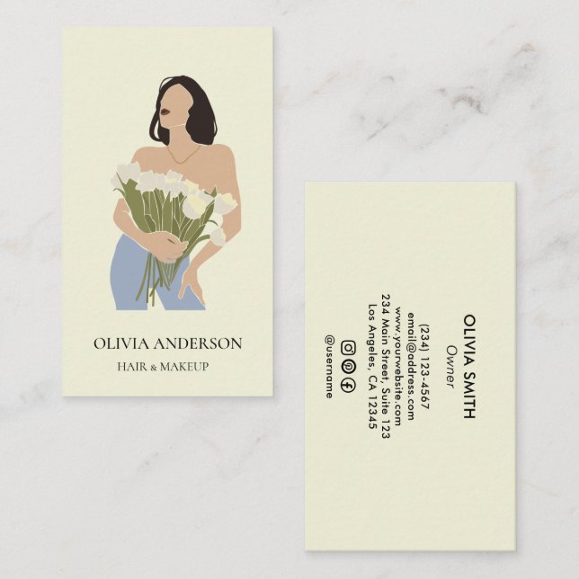 Lady Holding Bouquet Of Flowers Green Abstract Art Business Card (Front/Back)