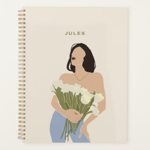 Lady Holding Bouquet Of Flowers Green Abstract Art Planner