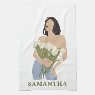 Lady Holding Bouquet Of Flowers Green Abstract Art Tea Towel