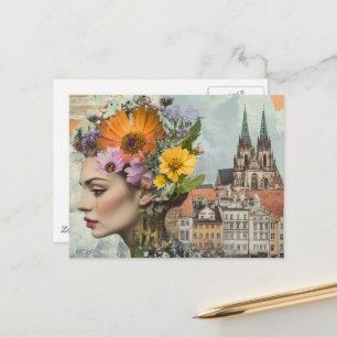 Lady in a City Collage Flowers Buildings Postcard