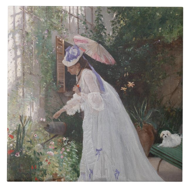 Lady in a Garden Caring For Her Flowers With Love Tile (Front)