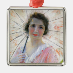 Lady in a Pink Dress with a Parasol (Robert Reid) Metal Tree Decoration