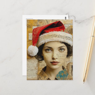 Lady in a Santa Hat Mixed Media Collage Postcard